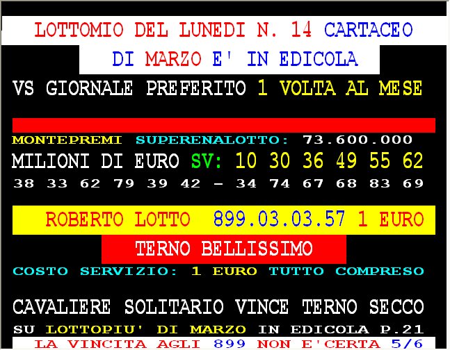 SERVIZI LOTTO AGGIORNATI PER MARTEDI HANNO VINTO SPAVENTA